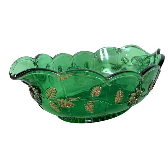 EAPG Bowl Emerald Green & Gold Paneled Dogwood Circa 1905 - 1915 Antique 12" - Picture 6 of 8